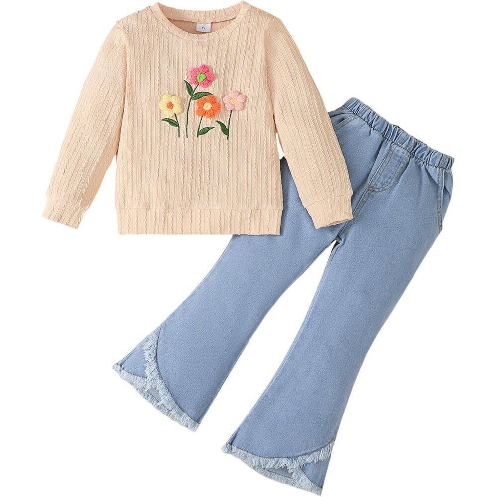 Toddler Girl Clothes Sets: 2 Piece Long Sleeve Ribbed Tops Bell Bottoms Jeans Pa